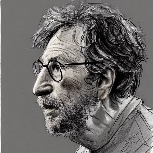 Image similar to a realistic yet scraggly portrait sketch of the side profile of a stern and sophisticated stephen spielberg, trending on artstation, intricate details, in the style of frank auerbach, in the style of sergio aragones, in the style of martin ansin, in the style of david aja, in the style of mattias adolfsson