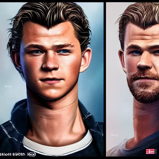 Prompt: Tom Holland and Chris Hemsworth crossbreed, illustrated and rendered by Xie Boli, trending on artstation, 4k, 8k, photorealistic imagery, photorealistic details, intricate, highly detailed