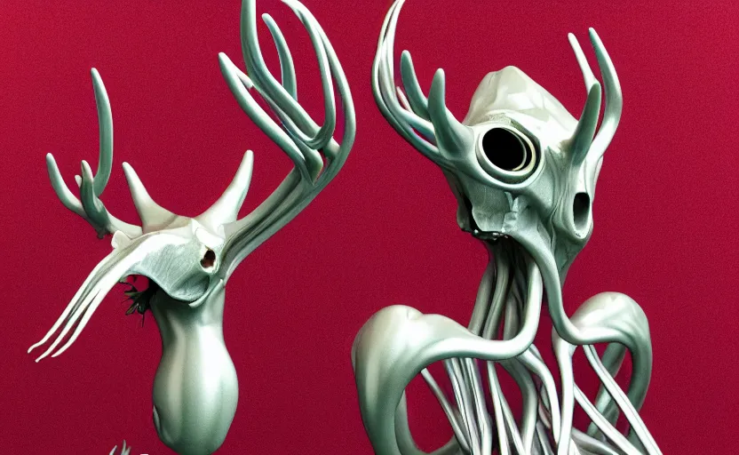 Image similar to stylized shiny polished silver statue full body bizarre extra limbs cosmic horror quadruped animal moose deer skull four legs made of marble of slug worm creature tendrils perfect symmetrical body perfect symmetrical face hyper realistic hyper detailed by johannen voss by michelangelo octane render blender 8 k displayed in pure white studio room anatomical deep red arteries veins flesh animatronic