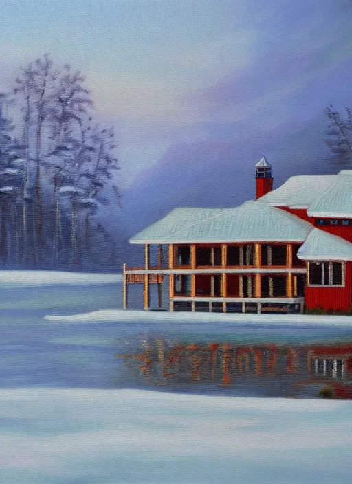 Image similar to an oil painting of a lake house in winter