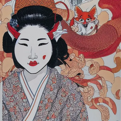 Prompt: a geisha with a kitsune mash by geof darrow,