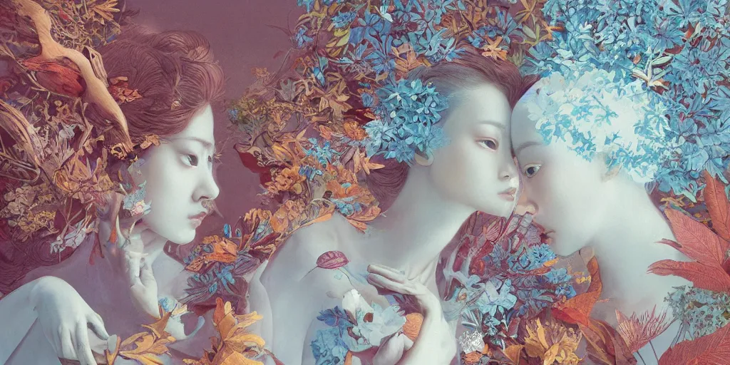 Prompt: breathtaking detailed concept art painting blend of two goddess of light blue flowers by hsiao - ron cheng with anxious piercing eyes, vintage illustration pattern with bizarre compositions blend of autumn leaves and fruits and birds by beto val and john james audubon, exquisite detail, extremely moody lighting, 8 k