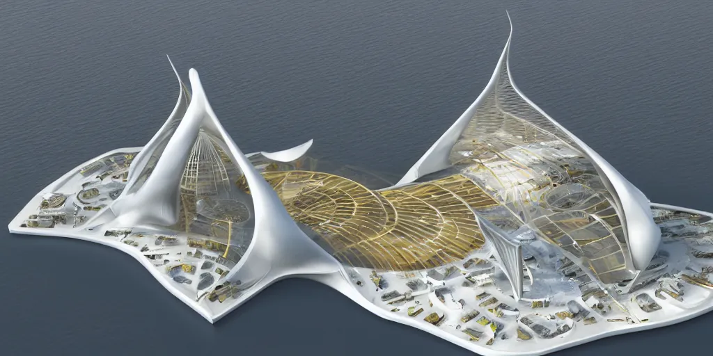 Image similar to mosque floating spaceship by zaha hadid, golds fantasy world