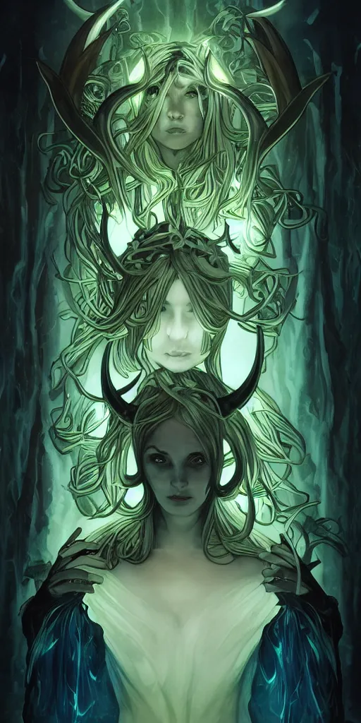 Image similar to bioluminescent glowing pagan god with horns in very dark forest by artgerm and alphonse mucha, portrait, fantasy, clear, light beams, lens flare, intense, uhd, amazing depth, cinematic lighting