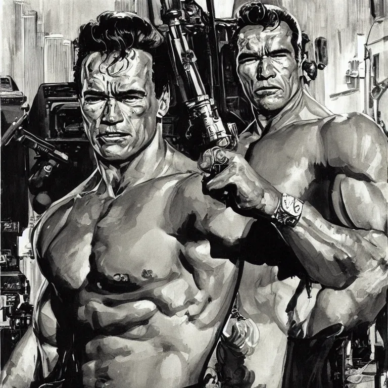 Image similar to scifi portrait of Arnold Schwarzenegger by Robert McGinnis, pulp comic style, circa 1958, photorealism