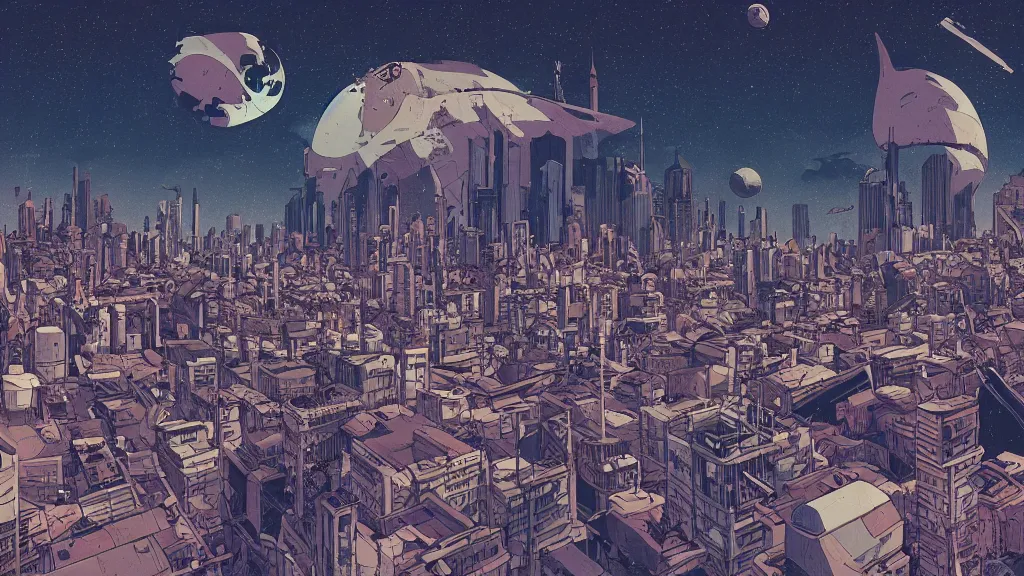 Image similar to very detailed, prophet graphic novel, ilya kuvshinov, mcbess, rutkowski, simon roy, illustration of decrepit arcologies skyline dystopian megacity with space junk floating in the sky on a dead planet earth, wide shot, colorful, deep shadows, astrophotography