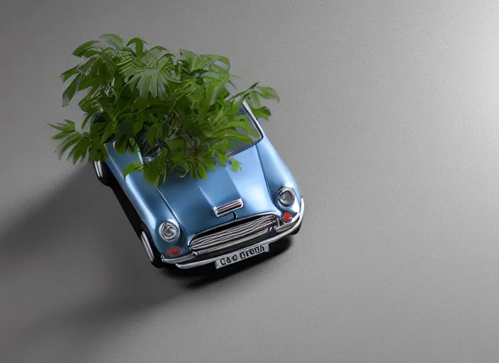 Prompt: a small miniature of a Mini Cooper S 1963 on a white table near a vase with a plant, 3d render, octane render, unreal engine 5, path tracing, serene landscape, calm, relaxing, beautiful landscape, highly detailed, high quality, 4k, symmetrical, low contrast, view from above