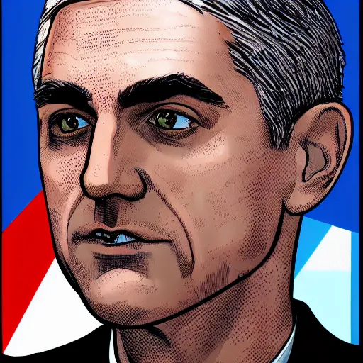 Image similar to digital illustration of secretary of denis mcdonough face, cover art of graphic novel, eyes replaced by glowing lights, glowing eyes, flashing eyes, balls of light for eyes, evil laugh, menacing, villain, clean lines, clean ink