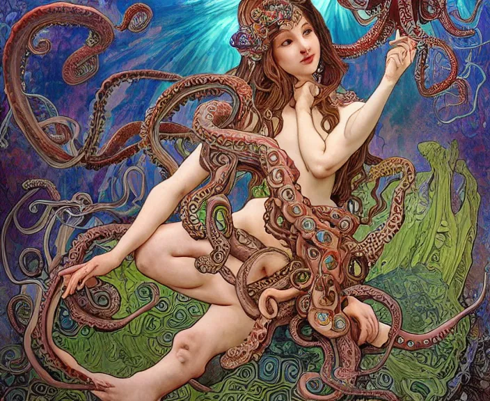 Prompt: portrait of an octopus goddess, full body shot, rule of thirds, wide angle, amazing landscape in background, fantasy, whimsical, horror, art by chengwei pan and alphonse mucha and josephine wall and amanda sage, intricately detailed, highly detailed, luxurious, elegant, clean, unsettling, trending on artstation