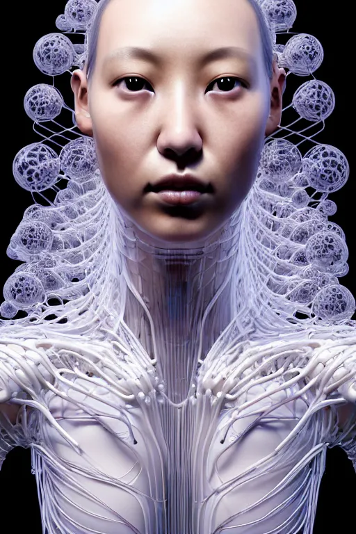 Image similar to young asian woman, iris van herpen, beautiful face, perfect symmetrical body, full body shot, inflateble shapes, wires, tubes, veins, jellyfish, white biomechanical details, wearing epic bionic cyborg implants, masterpiece, intricate, biopunk, vogue, highly detailed, artstation, concept art, cyberpunk, octane render