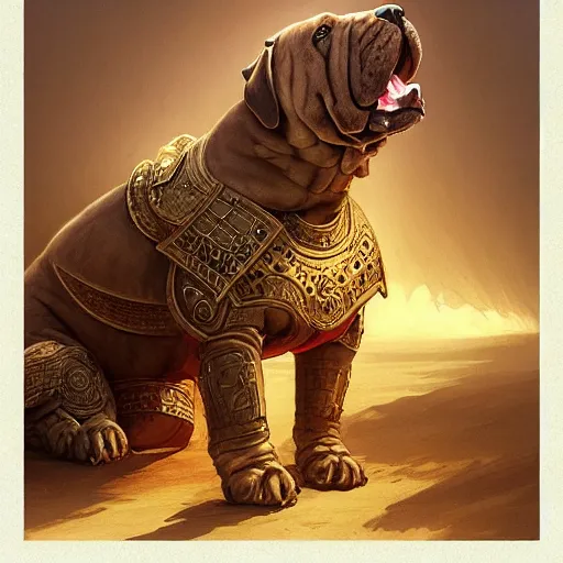 Prompt: A big shar pei dog wearing mesopotamian battle armor, D&D, highly detailed, digital painting, artstation, concept art, sharp focus, illustration, cinematic lighting, art by artgerm and greg rutkowski and alphonse mucha