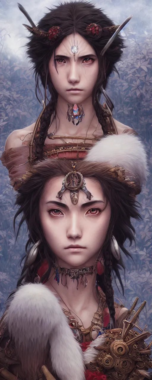 Prompt: emotional and moody princess mononoke full body portrait, dark fantasy studio ghibli , closeup, D&D, fantasy, intricate, elegant, highly detailed, digital painting, artstation, concept art, matte, sharp focus, illustration, art by Artgerm and Ayami Kojima and Tom Bagshaw and Greg Rutkowski and Alphonse Mucha