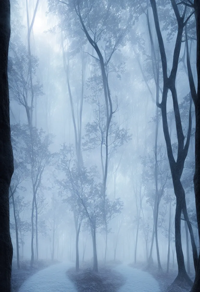 Prompt: backlit path in the middle of a frozen winter morning forest, treelined, fog, matte painting, mystical, ultra high definition, ultra detailed, matte painting, by greg rutkowski and ross tran and wlop