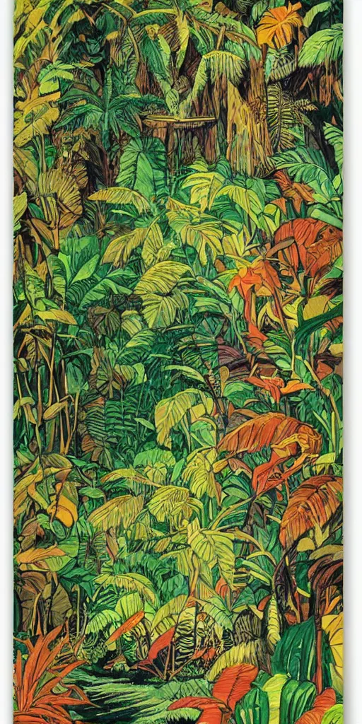 Image similar to poster of a colorful jungle landscape, (retro poster) by Reginald Montague Lander, By Tom Purvis, By Joseph Binder