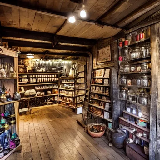 Prompt: a photo of a store in an attic, selling potions