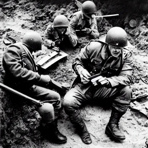 Prompt: a photo of marvel Wolverine playing cards in a trench with soldiers, xmen, world war 2, old photo by Robert Capa