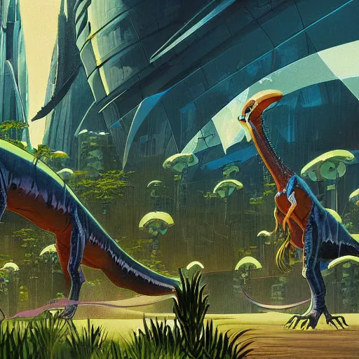 Image similar to concept art painting of an alien world full of alien dinosaurs, detailed, cel shaded, in the style of makoto shinkai and moebius and james gurney