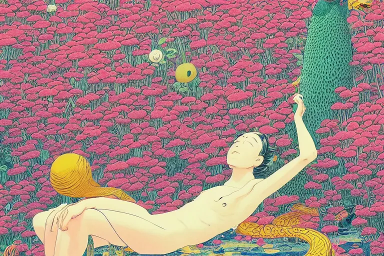 Image similar to gigantic cats catch gigantic dragonflies, a lot of exotic flowers around, heads are all over the ground, acid and dreaming psychedelic hallucinations, risograph by kawase hasui, dirtyrobot, edward hopper, satoshi kon and moebius, colorful flat surreal design, super - detailed, a lot of tiny details, fullshot