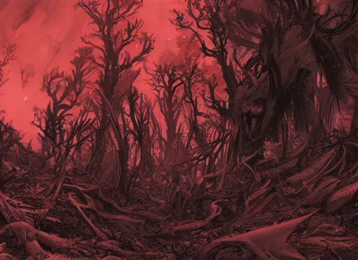 Image similar to a landscape of a forest at hell by takeshi obata and mike mignola, hell, dragons, red and black colors, colors, abandoned buildings, forest with trees with faces, small demons, shadows screaming, night sky, highly detailed, cgsociety, artstation, very detailed