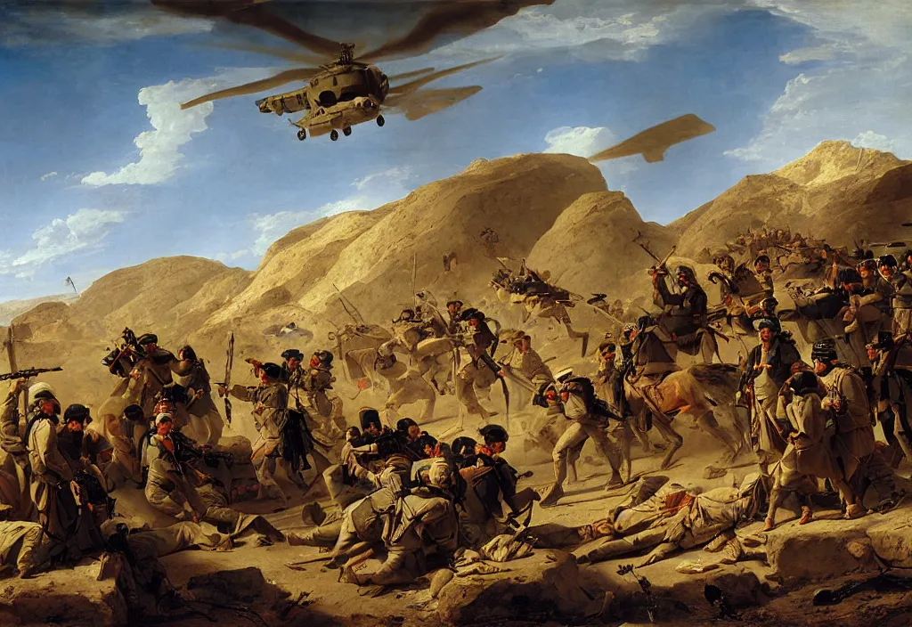 Image similar to afghanistan war portrait by jacques - louis david, desert, us army, battlefield, helicopters firing, bombs