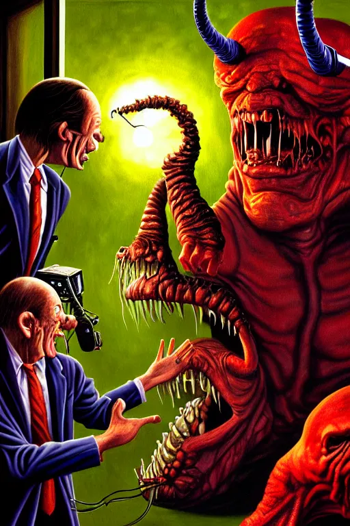 Prompt: a hyperrealistic painting of a news reporter interviewing monsters at the gates of hell, cinematic horror by jimmy alonzo, the art of skinner, chris cunningham, lisa frank, richard corben, highly detailed, vivid color,