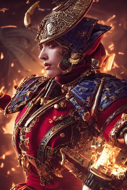 Image similar to a portrait of a adepta sororitas, warhammer 4 0 k setting, dynamic pose, close - up, intricate details, intricately detailed clothing, intricate textures, warm lighting, vivid colors, smoke and mist, realistic octane render, hyper realistic render, volumetric shading, depth of field, raytracing, 8 k,