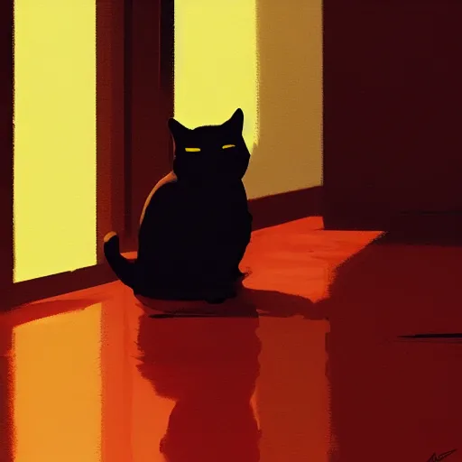 Prompt: close up of a cat stretching in a hallway, silhouette, warm colors, beautiful composition, by Atey Ghailan, by Craig Mullins, digital art, digital painting, trending on artstation,