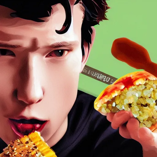 Prompt: tom holland eating spam musubi, digital art, trending on artstation, 8 k, highly detailed