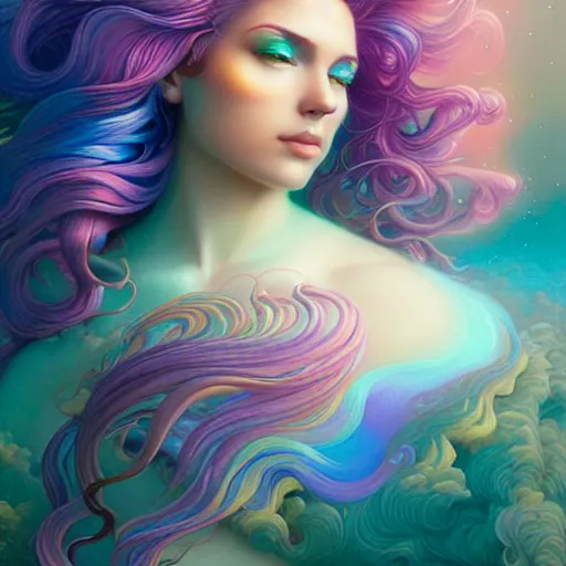 Image similar to woman with flowing iridescent hair, detailed matte fantasy painting, rendered in octane by Lisa Frank by Peter Mohrbacher by Artgerm by Ferdinand Knab by Alena Aenami by Dave LaChapelle