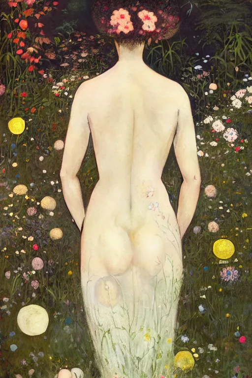 Image similar to beautiful woman with her back turned, in a garden, imperil, beauty portrait by greg rutkowski, hilma af klint, moebius, victo ngai, sharp focus, global illumination, highly detailed, masterpiece, award winning, post processing