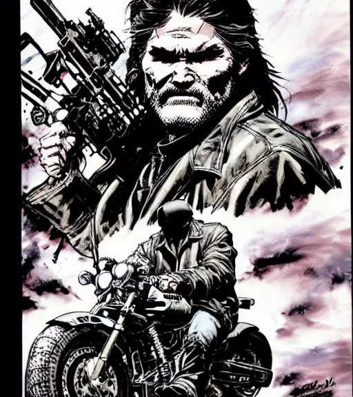 Prompt: kurt russell the biker criminal, comic book art, by yoji shinkawa and takehiko inoue and kim jung gi, masterpiece, perfect