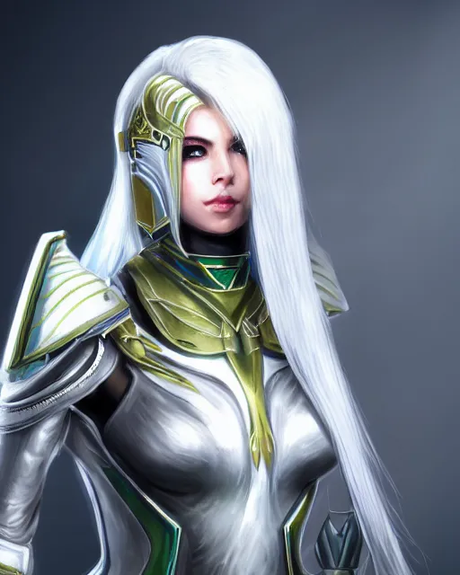 Image similar to perfect white haired attractive egyptian goddess, warframe armor, beautiful, symmetric, dreamy, half asian, pretty face, green eyes, charlize theron, detailed, scifi platform, laboratory, experiment, 4 k, ultra realistic, epic lighting, android body, illuminated, cinematic, masterpiece, art by akihito tsukushi, voidstar