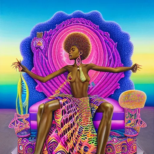 Prompt: a regal and heroic african queen with a colorful afro and her pet dragon sitting in a cabana near a larg near a pink river with a large glowing baobab tree, by amanda sage and alex grey and evgeni gordiets in a surreal psychedelic style, symmetrical, detailed eyes, oil on canvas 8k, hd