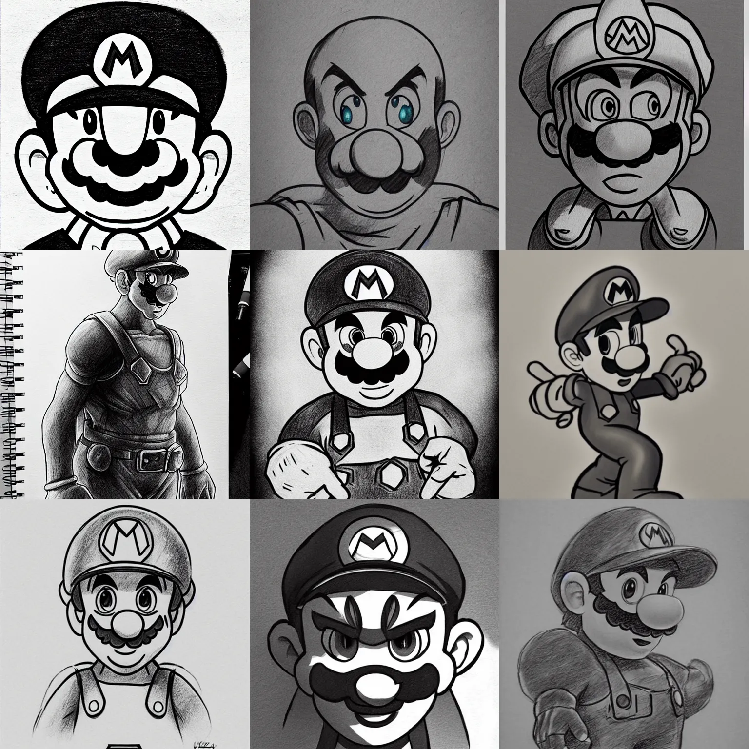 Image similar to epic pencil sketch of super mario, imposing focused gaze, striking manga artstyle, powerful shadows, concept art