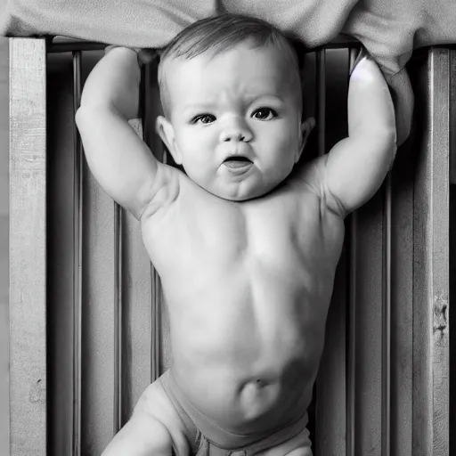 Prompt: a beefed up extremely muscular baby in a crib, rippling muscles, ripped, flexing, intense expression, award winning photography, high detail