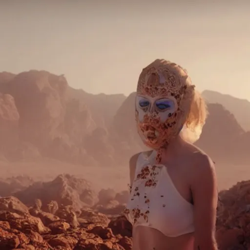 Image similar to The full body shot of beautiful pale woman with white flowers and full-face golden mask in a rocky desert landscape, smoke around her, volumetric lighting, multiple eyes and dry earth by Denis Villeneuve, Lubezki, Gaspar Noe and Christopher Doyle, anamorphic lens, anamorphic lens flares, kodakchrome, cinematic composition, practical effects, award winning photo, 8k