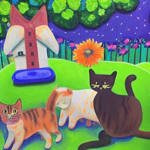 Prompt: a bay play with a cat and a dog in a garden with a mother acrylic paint