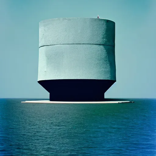 Prompt: a photo of a man in baggy clothes standing atop a massive Non-Euclidean clay building floating in the ocean, vintage photo, beautiful cinematography, blue sky, surreal, film grain, symmetrical, James Turrell