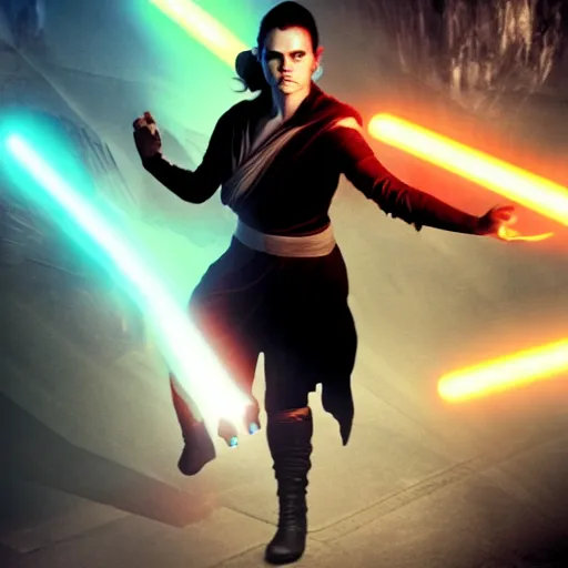 Image similar to evil corrupted rey from star wars, sith lord, dark side, cinematic movie image, both hands raised to use the force, hd photo, full body shot, face focus