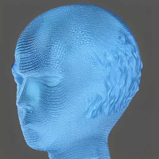 Prompt: ice sculpture of hair resting on an androgynous wig stand, cinema 4 d, sharp focus