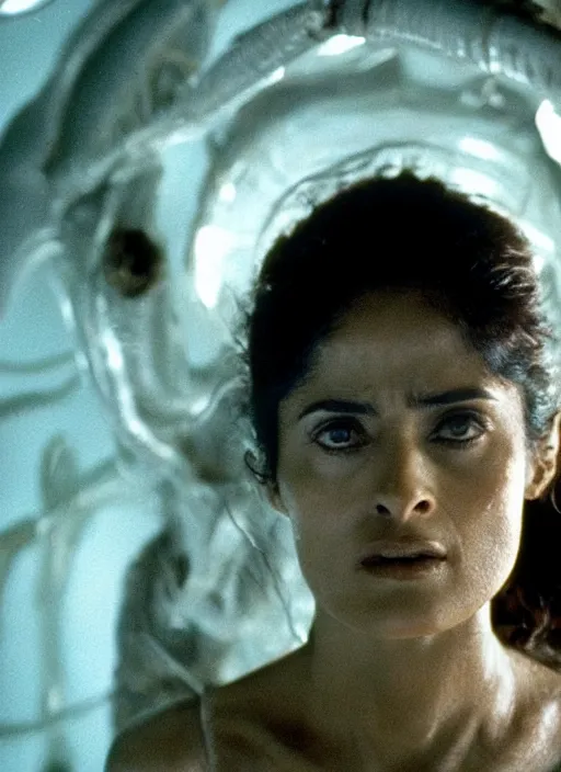 Image similar to film still of salma hayek in the movie Alien, captured in a creamy alien substance, scary, cinematic shot, 4k.