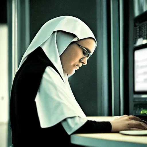 Prompt: award - winning photograph of a nun hunched over a computer while she hacks into the mainframe. the nun's face is beautiful and detailed