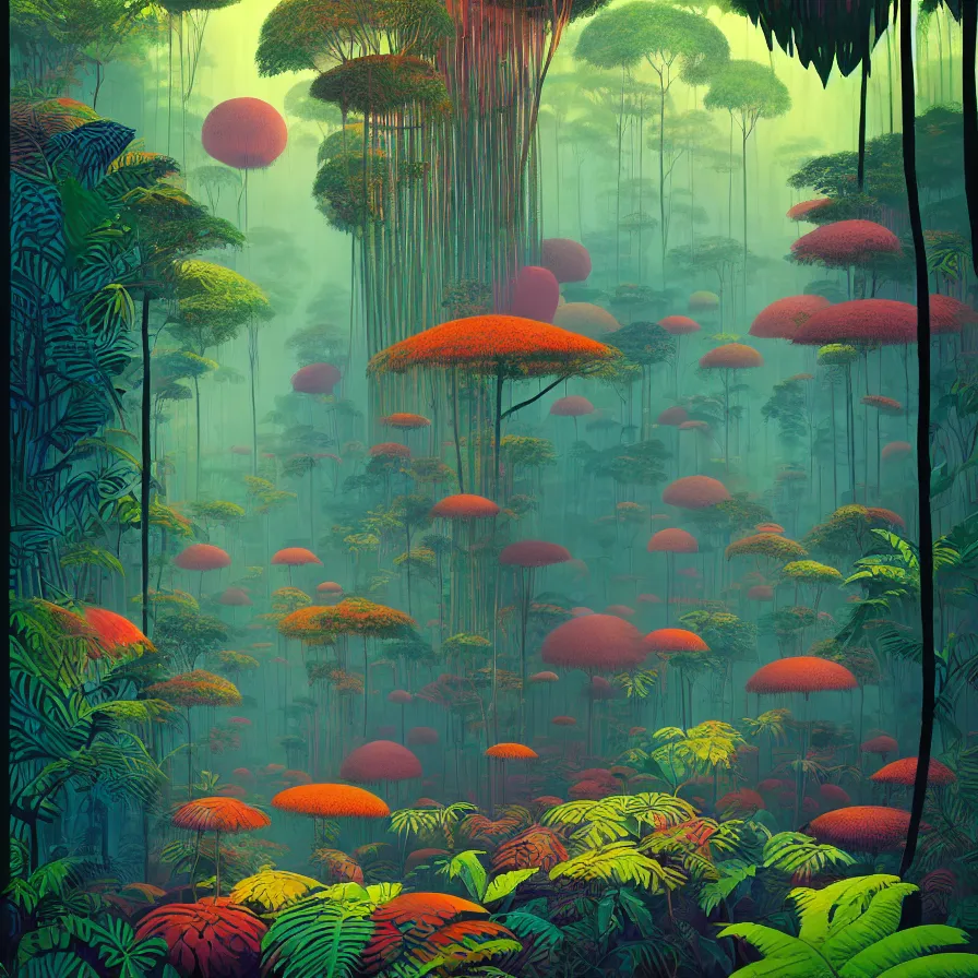 Image similar to surreal glimpse, malaysia jungle, summer morning, very coherent and colorful high contrast pastel art by gediminas pranckevicius james gilleard james gurney floralpunk screen printing woodblock, dark shadows, hard lighting, stippling dots,