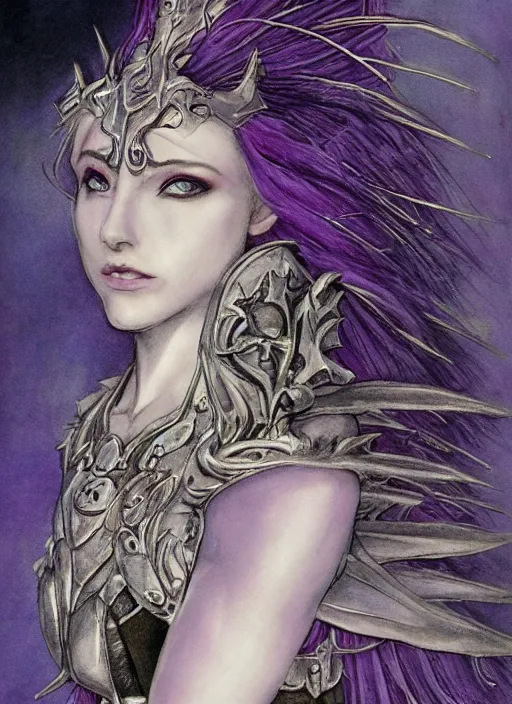 Image similar to portrait of young female prophetess of the endtimes, transluscent skin, silver filigreed armor, lavender hair, beautiful! coherent! dungeons and dragons character, by brian froud, strong line, cool night color, high contrast