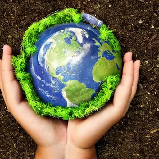 Prompt: earth ecosystem, children around the earth, recycle, hands around the earth