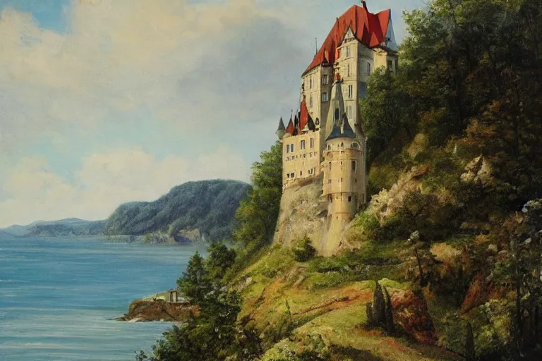 Image similar to a painting of a german castle on the cliff
