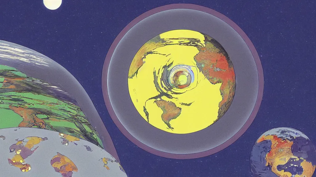 Image similar to a diagram depicting earths layers, anime film still from the an anime directed by katsuhiro otomo with art direction by salvador dali, wide lens