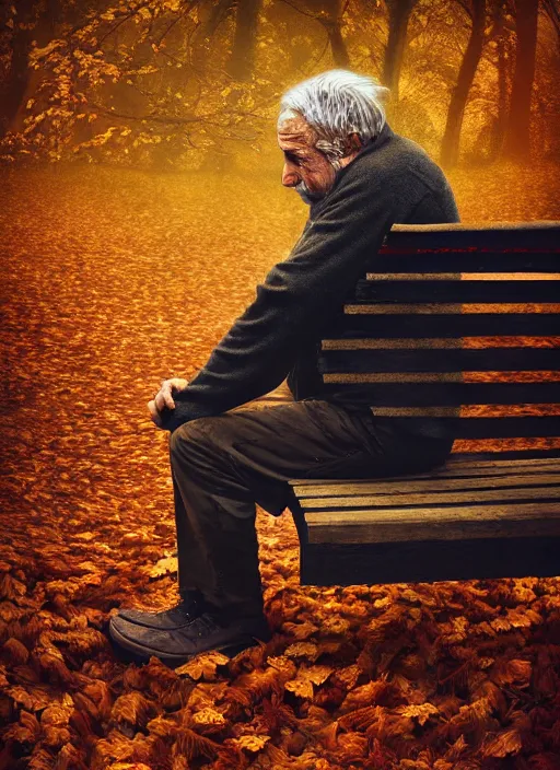 Image similar to man crumbles apart into autumn leaves. conceptual photography portrait of a crumbling old man on a park bench falling apart into leaves, autumn tranquility, forgetfulness, oblivion, inevitability, aging, surreal portrait, moody, by tom bagshaw, cold, 4 k