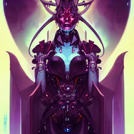 Image similar to a portrait of a beautiful demonic cybernetic queen of hell, cyberpunk concept art by pete mohrbacher and wlop and artgerm and josan gonzales, digital art, highly detailed, intricate, sci-fi, sharp focus, Trending on Artstation HQ, deviantart, unreal engine 5, 4K UHD image