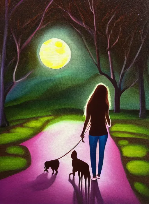 Prompt: young brown woman walking her dog in a park at night with a full moon, acrylic painting, photoreal, fantasy